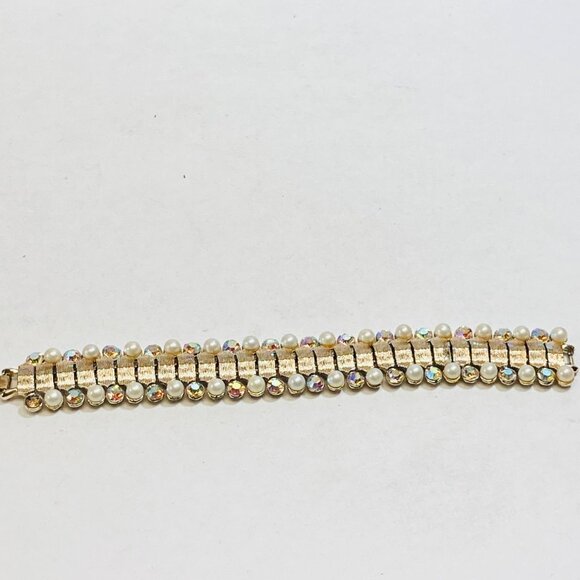 Vintage Coro Aurora Borealis Bracelet Rhinestone Faux Pearl Link Gold Flawed - Picture 4 of 9